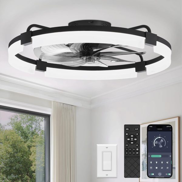 windphoto 24" Ceiling Fans with Lights, Low Profile Fandelier for Bedroom | Flush Mount Fan Light, Stepless Dimmable, App/Remote Control, 3 CCT Led, 6 Speeds, Quiet Reversible DC Motor, Black