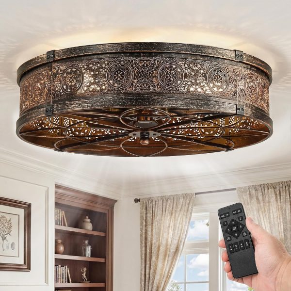 81kDjU7YI8L._AC_SL1500_.jpg windphoto 20" Caged Farmhouse Ceiling Fan and Light with Remote, Black Gold | Flush Mount, Bladeless Enclosed Fandelier, 6 Speed, Quiet Powerful DC, Rustic,Vintage, Rustic, Small, Bedroom, Kitchen
