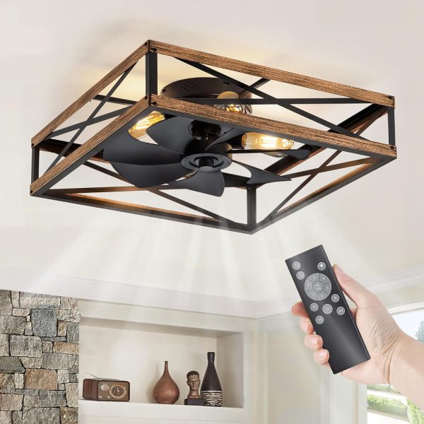 windphoto 23 Caged Flush Mount Square Ceiling Fans with Lights and Remote | 6 Speed and Reversible, Small Farmhouse Rustic Bladeless Ceiling Fan Low Profile for Bedroom, Kitchen, Dining Room