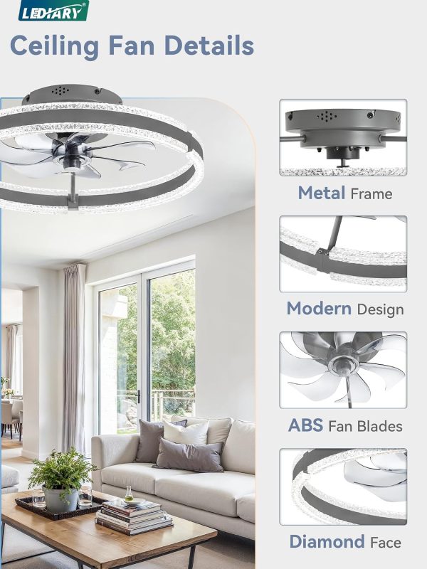 windphoto Ceiling Fans with Lights and Remote, 20'' Low Profile Ceiling Fan with Light, 3000-6000K Dimmable Fandelier Ceiling Fans, Modern Flush Mount Fan Light for Bedroom with 6 Wind Speeds-Sandy Gray | 3000-6000K Dimmable LED, 6 Wind Speeds, Quiet Reversible DC Motor, Small Flush Mount Fandelier for Bedroom, Living Room