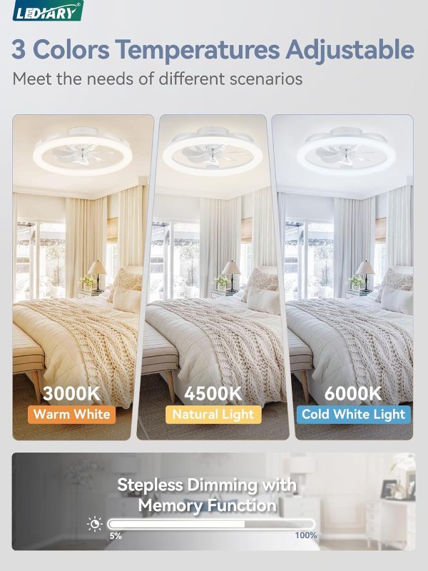 windphoto 20" Ceiling Fans with Lights and Remote for Bedroom, White | Low Profile Fan Light, 3000K-6000K Stepless Dimmable Fandelier, 6 Speed, Reversible DC Motor, APP & Remote Control, Low Noice