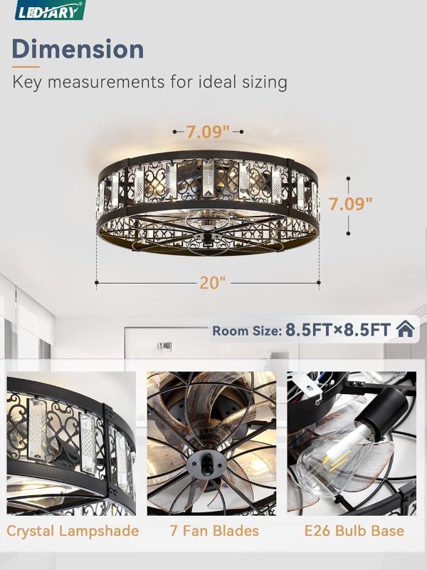 windphoto 20" Caged Flush Mount Vintage Ceiling Fan and Remote, Black | Low Profile, Bladeless Enclosed Fandelier, 6 Speed, Quiet Reversible DC, Rustic, Victorian, Rustic, Crystal, Bedroom, Kitchen