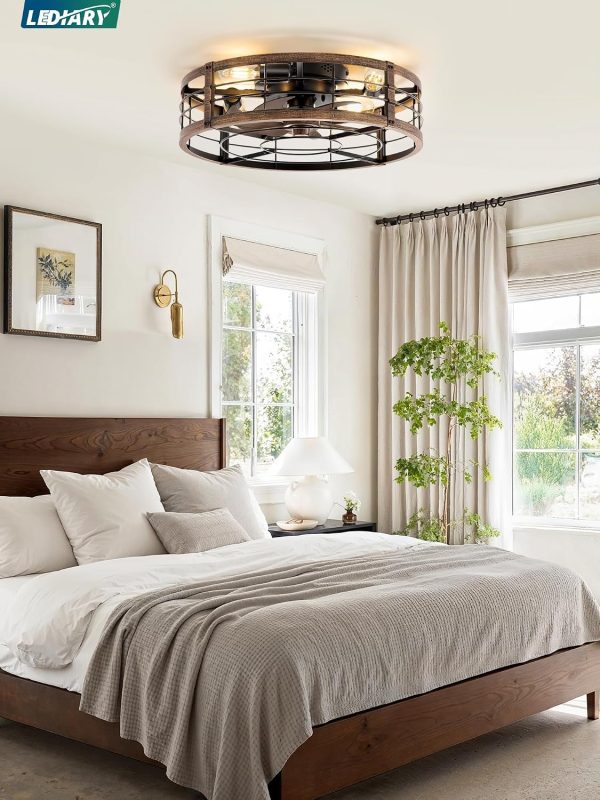 windphoto Caged Ceiling Fan with Light and Remote, Small Low Profile Ceiling Fans with Lights, 6 Speed and Reversible Farmhouse Flush Mount Ceiling Fan for Bedroom, Kitchen, Living room