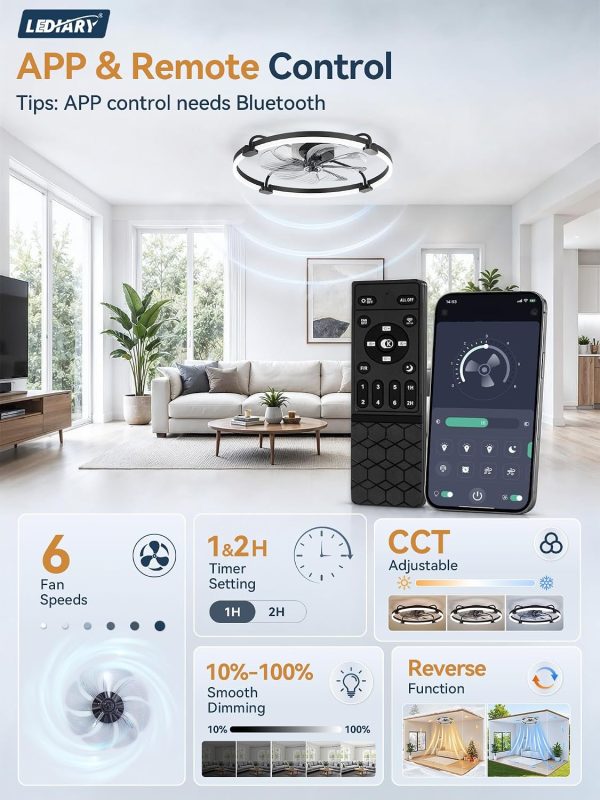 windphoto 24" Low Profile Ceiling Fans with Lights, Remote/APP Control, Black | Wider Airflow, Stepless Dimmable LED, Quiet Reversible DC Motor, 6 Speeds, 3CCT, Timer, Bedroom, Living Room, Kitchen