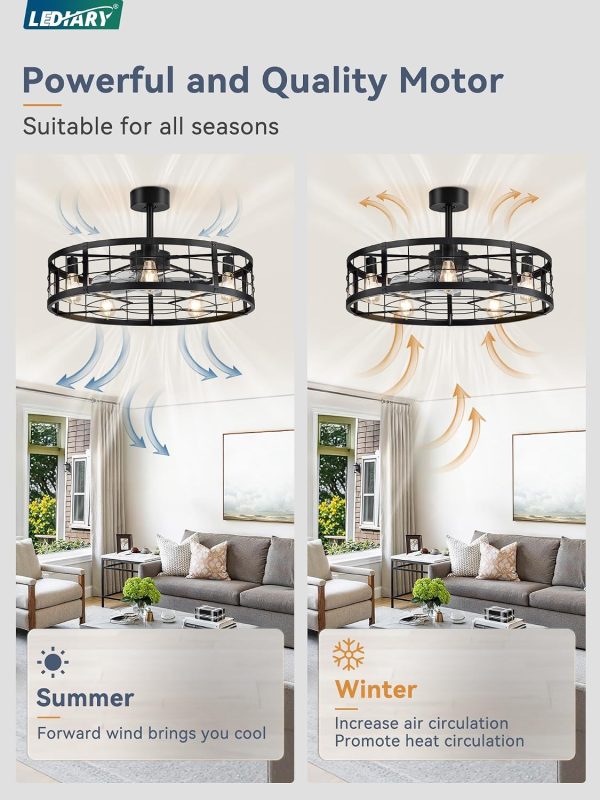 windphoto 30 inch Fandelier Caged Ceiling Fan with Light and Remote, Black | 6 Speed Adjustable,Timing, Quiet & Powerful DC, Large, Farmhouse, Industrial, Enclosed, Bladeless, Bedroom, Kitchen, Downrod