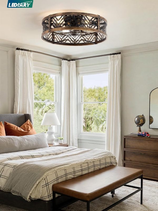 81mGd3Hx1gL._AC_SL1500_.jpg windphoto 20" Caged Ceiling Fan with Light and Remote, Fandalier, Black Gold | Flush Mount Low Profile, APP Control, Rustic Bladeless Industrial Enclosed, Quiet & Powerful for Bedroom,Kitchen,Dining Room