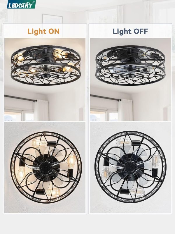 81mHlJyoHoL._AC_SL1500_.jpg windphoto 20" Caged Ceiling Fan with Light, Flush Mount Fandalier with Remote | Low Profile, Farmhouse Small, Bladeless Industrial, Quiet DC Motor, App Control for Bedroom, Kitchen, Dining Room, Black