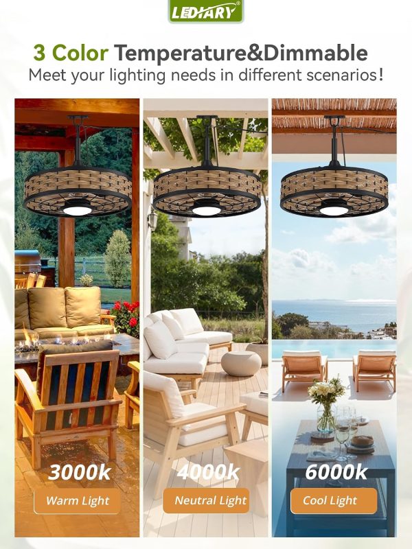 windphoto 20" Light Brown IP65 Waterproof Outdoor Ceiling Fan with Light | No Assembling,Remote&APP Control,3CCT Dimmable,6-Speeds,Boho Rattan, for Gazebo,Patio,Porch