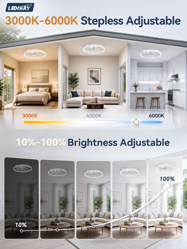 windphoto 24" Low Profile Ceiling Fans with Lights, Remote/APP Control, White | Wider Airflow, Stepless Dimmable LED, Quiet Reversible DC Motor, 6 Speeds, 3CCT, Timer, Bedroom, Living Room, Kitchen