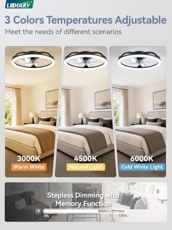 81nRSUhSqAL._AC_SL1500_.jpg windphoto 23" Ceiling Fans with Lights and Remote for Bedroom, Black | Low Profile Fan Light, 3000K-6000K Stepless Dimmable Fandelier, 6 Speed, Reversible DC Motor, APP & Remote Control, Low Noice