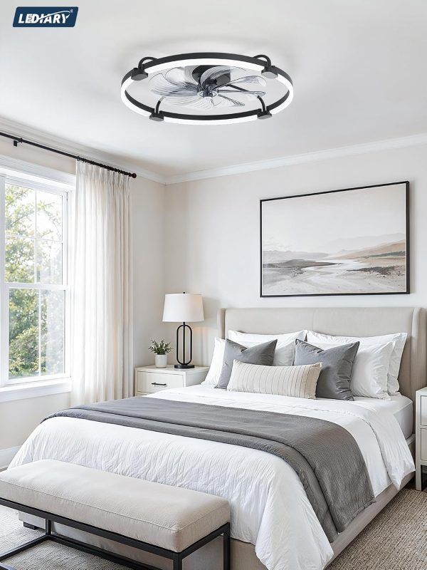 windphoto 24" Low Profile Ceiling Fans with Lights, Remote/APP Control, Black | Wider Airflow, Stepless Dimmable LED, Quiet Reversible DC Motor, 6 Speeds, 3CCT, Timer, Bedroom, Living Room, Kitchen