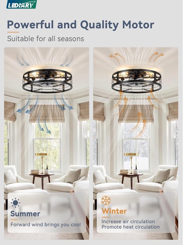 81obHq05h8L._AC_SL1500_.jpg windphoto 20" Black Caged Low Profile Ceiling Fan with Light and Remote | Flush Mount, Bladeless Enclosed Fandelier, 6 Speed, Quiet Powerful DC, Rustic,Farmhouse, Small, Bedroom, Kitchen, Indoor