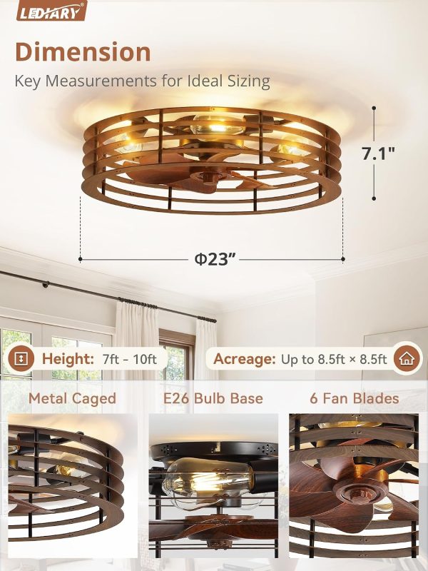 windphoto 23" Caged Low Profile Enclosed Ceiling Fan Light with Remote | Flush Mount, Bladeless Enclosed Fandelier, 6 Speed, Quiet Reversible DC, Rustic, Victorian, Rustic, Bedroom, Kitchen