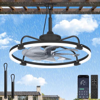 windphoto 24" Waterproof Black Outdoor Ceiling Fan with Light for Gazebo | IP65 Wet Rated,APP Control,6-Speeds,3CCT Dimmable,Reverse DC Motor,Suitable for 12' x 14' Area,Plug In for Patio,Porch