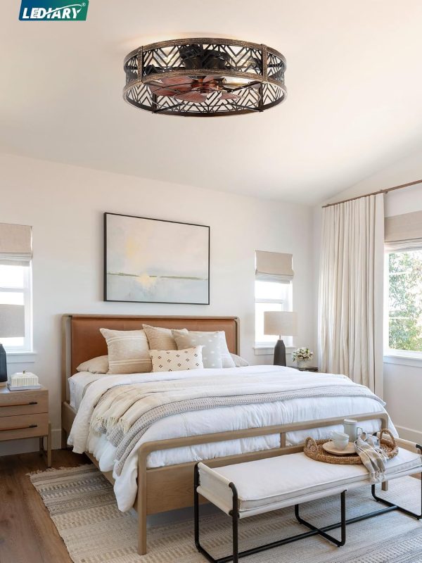 windphoto 23" Caged Ceiling Fan with Light and Remote, Fandalier, Black Gold | Flush Mount Low Profile, APP Control, Rustic Bladeless Industrial Enclosed, Quiet & Powerful for Bedroom,Kitchen,Dining Room