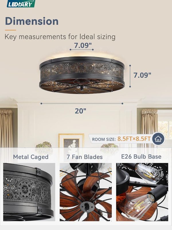 windphoto 20" Caged Farmhouse Ceiling Fan and Light with Remote, Black | Flush Mount, Bladeless Enclosed Fandelier, 6 Speed, Quiet Powerful DC, Rustic,Vintage, Rustic, Small, Bedroom, Kitchen
