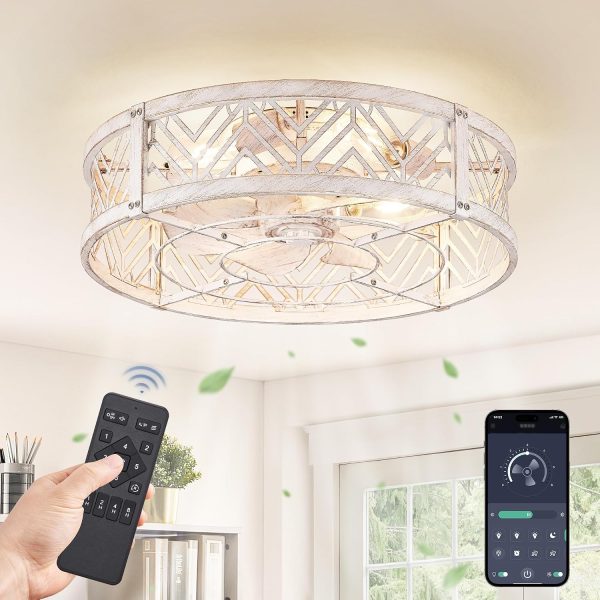 windphoto 20" Caged Ceiling Fan with Light and Remote, Small Fandalier, White | Flush Mount Low Profile, APP Control, Bladeless Industrial Enclosed, Quiet & Powerful for Bedroom, Kitchen, Dining Room