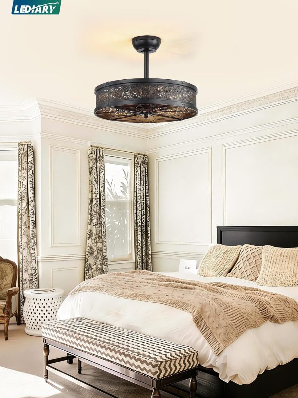 windphoto 20" Caged Farmhouse Victorian Ceiling Fan with Light, Black | Downrod, Bladeless Enclosed Fandelier, 6 Speed, Quiet Powerful DC, Rustic,Vintage, Rustic, Small, Bedroom, Kitchen