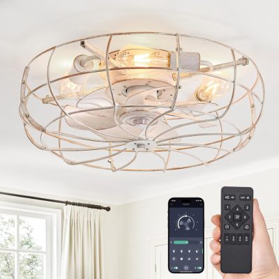 windphoto 20" Caged Farmhouse Ceiling Fans with Lights and Remote/App, White | Flush Mount Bladeless Low Profile, Fandalier Small Rustic, Industrial Enclosed, Quiet & Powerful for Bedroom, Kitchen, Indoor