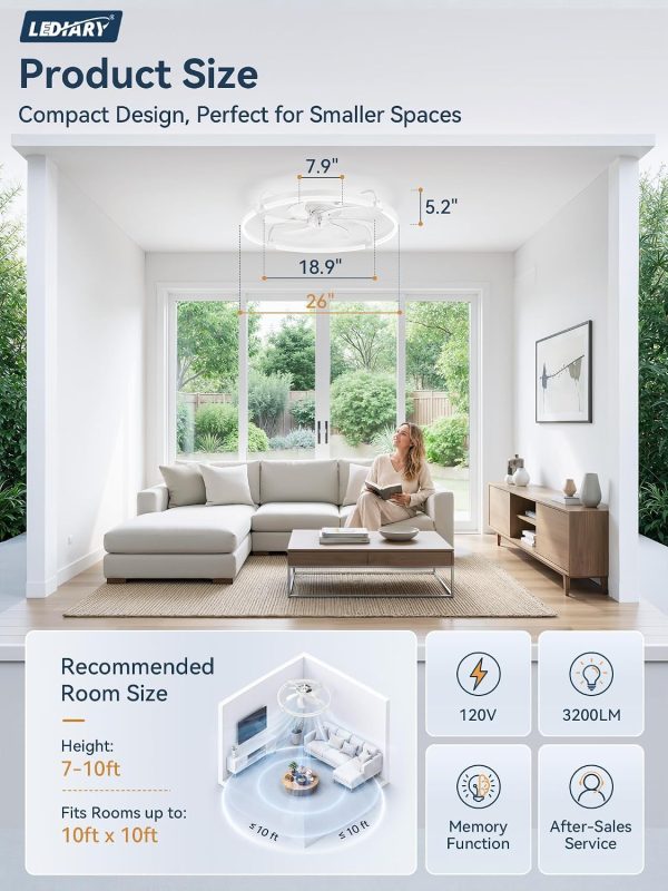 windphoto 26" Low Profile Ceiling Fans with Lights, Remote/APP Control, White | Wider Airflow, Stepless Dimmable LED, Quiet Reversible DC Motor, 6 Speeds, 3CCT, Timer, Bedroom, Living Room, Kitchen