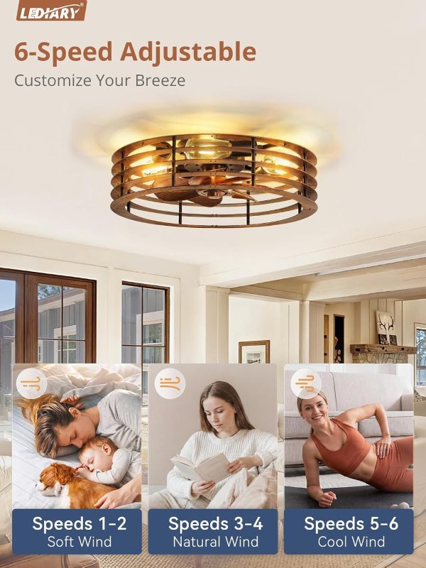 windphoto 20" Caged Low Profile Enclosed Ceiling Fan Light with Remote | Flush Mount, Bladeless Enclosed Fandelier, 6 Speed, Quiet Reversible DC, Rustic, Victorian, Rustic, Bedroom, Kitchen