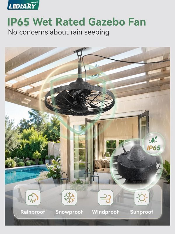 81rtremRcRL._AC_SL1500_.jpg windphoto 20" Outdoor Ceiling Fan No Light, Plug-in Waterproof Gazebo Fan | 6 Speeds, 3 Timers, 2 Hanging Rods, Mute Remote, Reversible Motor, Memory Function, Cage Design, for Pergola, Patio, Porch