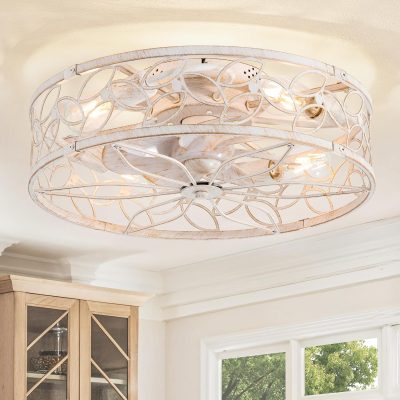 81rwwhvrjZL._AC_SL1500_.jpg windphoto 20" Caged Ceiling Fan with Light, Flush Mount Fandalier with Remote | Low Profile, Farmhouse Small, Bladeless Industrial, Quiet DC Motor, App Control for Bedroom, Kitchen, Dining Room, White Gold