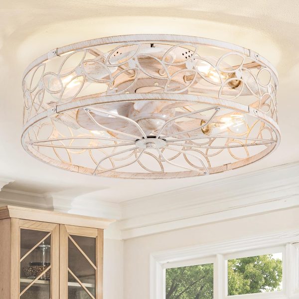 81rwwhvrjZL._AC_SL1500_.jpg windphoto 20" Caged Ceiling Fan with Light, Flush Mount Fandalier with Remote | Low Profile, Farmhouse Small, Bladeless Industrial, Quiet DC Motor, App Control for Bedroom, Kitchen, Dining Room, White Gold