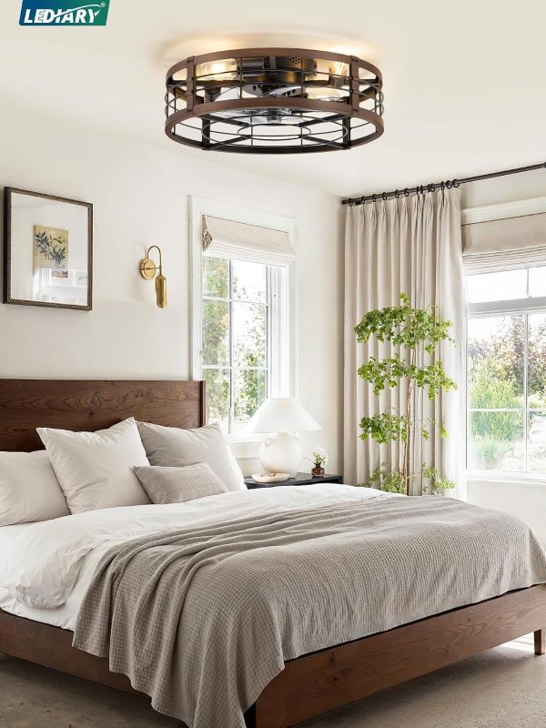 windphoto 20" Walnut Caged Low Profile Ceiling Fan with Light and Remote | Flush Mount, Bladeless Enclosed Fandelier, 6 Speed, Quiet Powerful DC, Rustic,Farmhouse, Small, Bedroom, Kitchen, Indoor