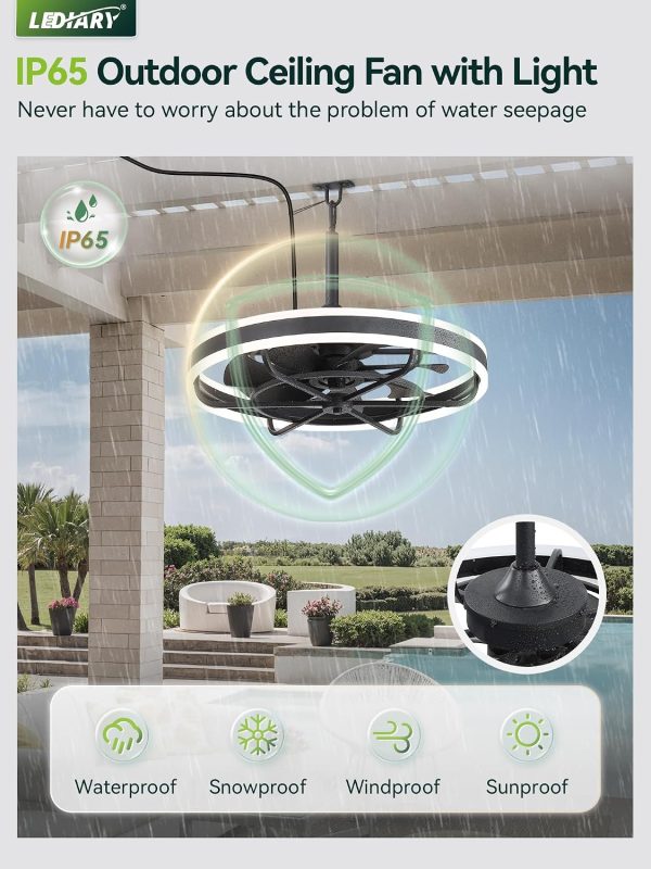 windphoto 24" Outdoor Ceiling Fans with Light, IP65 Waterproof Gazebo Fan | Outdoor Fan with Hanging Hook, Remote & App Control, 3CCT Dimmable,Timer, Caged Plug in Ceiling Fan for Patio, Porch, Pergola