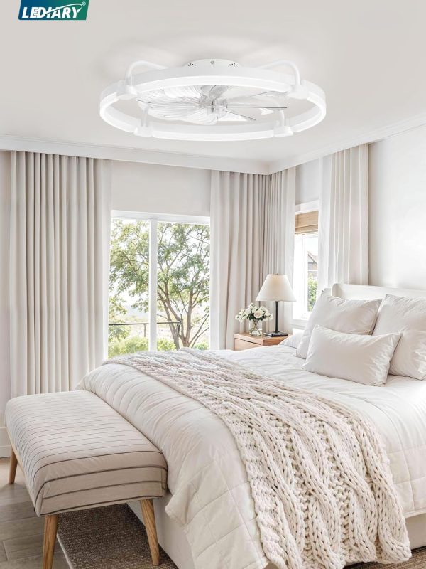 windphoto 24" Ceiling Fans with Lights and Remote, Low Profile Led Fan Light | Flush Mount, Stepless Dimmable Fandelier, 6 Speeds, 3 CCT, Quiet Reversible DC Motor, 2H Timer, Bedroom, Living Room, White