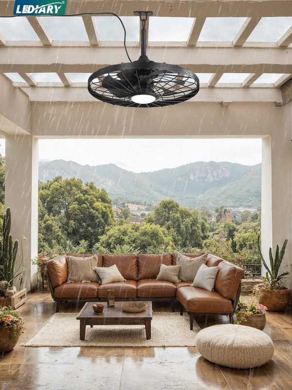 windphoto 24" Outdoor IP65 Waterproof Plug in Ceiling Fan with Lights | 6 Speeds,3CCT,Quiet,Timer,Remote Control,Smart App,DC motor,Reversible,Caged Design,ABS Material,Gazebo,Patio,Porch,Pergola