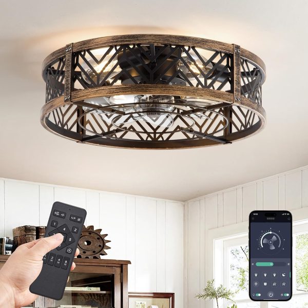 81sNiWEWdXL._AC_SL1500_.jpg windphoto 20" Caged Ceiling Fan with Light and Remote, Fandalier, Black Gold | Flush Mount Low Profile, APP Control, Rustic Bladeless Industrial Enclosed, Quiet & Powerful for Bedroom,Kitchen,Dining Room