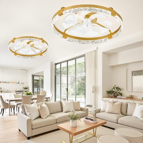 windphoto 2 Pack 24" Ceiling Fans with Lights and Remote, Fandelier Gold | 3CCT, 6 Speeds, Dimmable Low Profile, Flush Mount Ceiling Fan, Timer, Reversible, Memory, Bedroom, Living Room, Kitchen