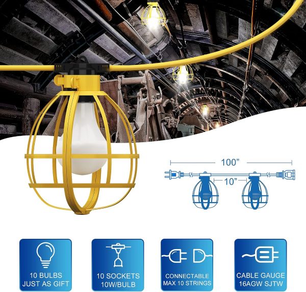 windphoto Construction String Lights 10 Bulbs Incl, 100W 10500LM 100Ft Construction Lights with 10 Medium Base Sockets, Linkable Temporary Lighting, Weatherproof Commercial-Grade Work Lights - UL Listed