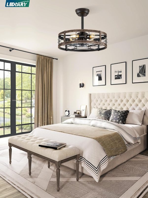 81tvusFhzpL._AC_SL1500_.jpg windphoto 20 inch Fandelier Caged Ceiling Fan with Light, Black Gold | 6 Speed Adjustable,Timing, Quiet & Powerful DC, Small, Farmhouse, Industrial, Enclosed, Bladeless, Bedroom, Kitchen, Downrod