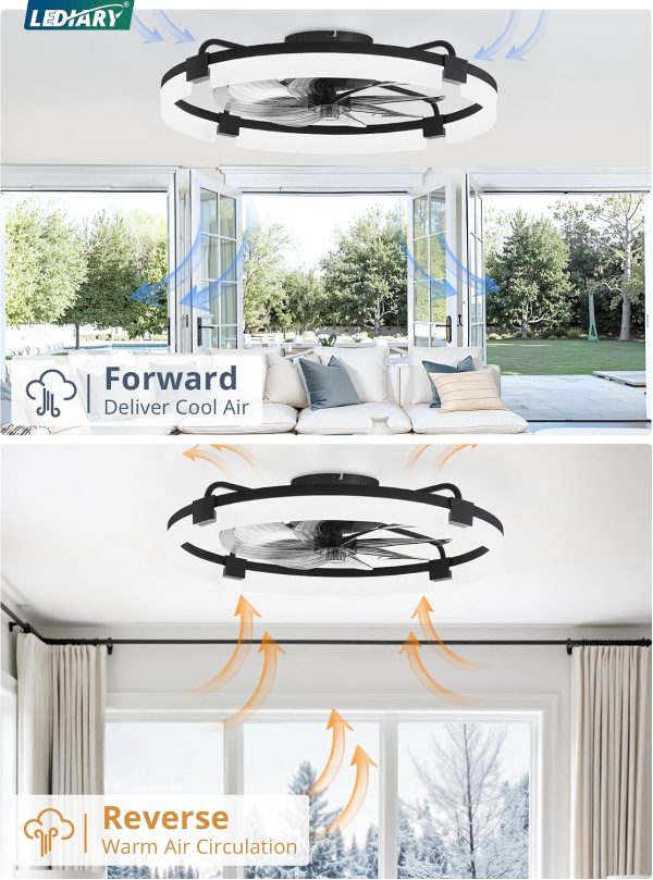 windphoto 24" Ceiling Fans with Lights, Low Profile Fandelier for Bedroom | Flush Mount Fan Light, Stepless Dimmable, App/Remote Control, 3 CCT Led, 6 Speeds, Quiet Reversible DC Motor, Black