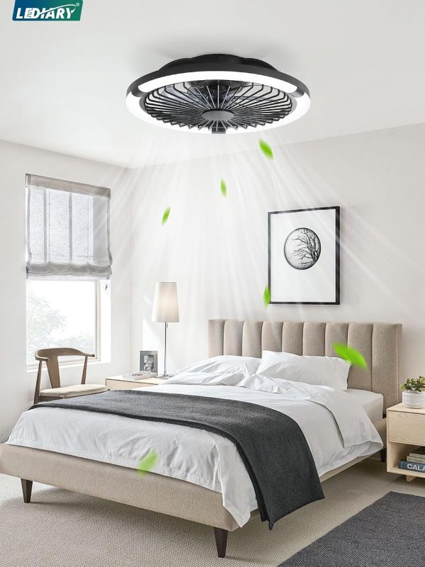 windphoto 20" Low Profile Bladeless Ceiling Fan with Light, Remote&APP, Black | Flush Mount, 6 Speed Adjustable, 3000-6000K Dimmable LED, Modern Enclosed Fandelier with Timming, Bedroom, Kids Room