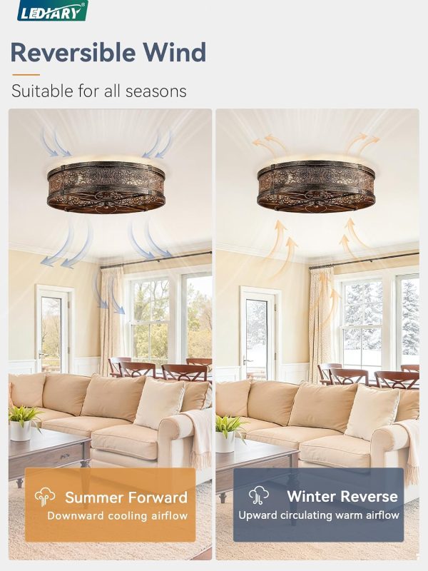 81uTosLOmcL._AC_SL1500_.jpg windphoto 20" Caged Farmhouse Ceiling Fan and Light with Remote, Black Gold | Flush Mount, Bladeless Enclosed Fandelier, 6 Speed, Quiet Powerful DC, Rustic,Vintage, Rustic, Small, Bedroom, Kitchen