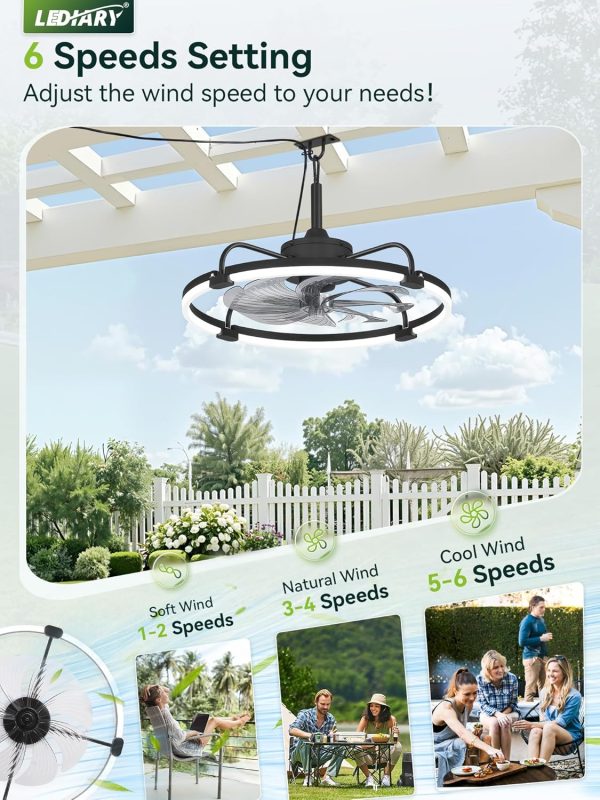 windphoto 24" Waterproof Black Outdoor Ceiling Fan with Light for Gazebo | IP65 Wet Rated,APP Control,6-Speeds,3CCT Dimmable,Reverse DC Motor,Suitable for 12' x 14' Area,Plug In for Patio,Porch