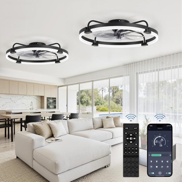 81v5Nr03TYL._AC_SL1500_.jpg windphoto 2 Pack 24" Ceiling Fans with Lights and Remote, Low Profile | Flush Mount, Stepless Dimmable Fandelier, 6 Speeds, 3 CCT, Quiet Reversible DC Motor, 2H Timer, Bedroom, Living Room, Black