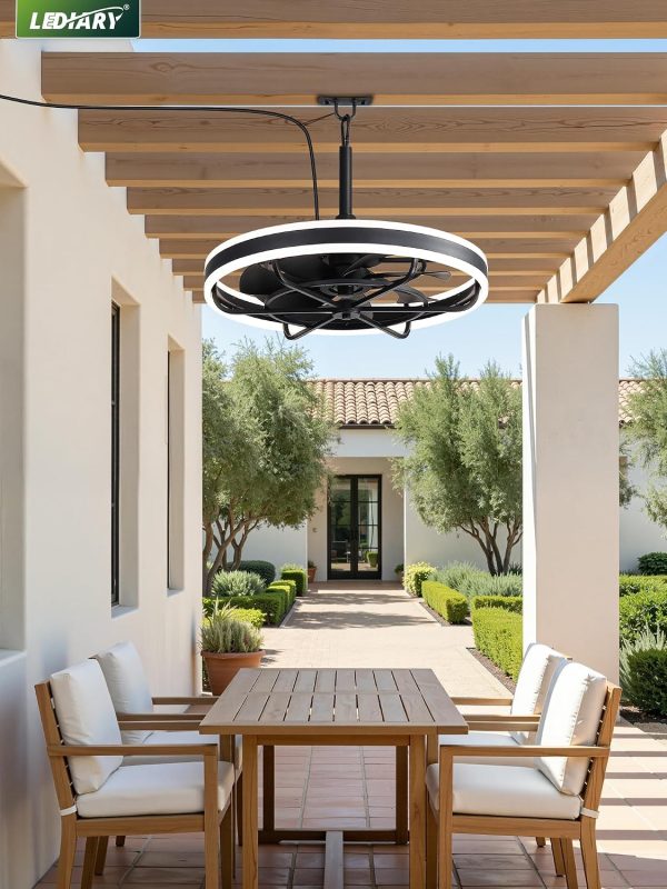 windphoto 24" Outdoor Ceiling Fans with Light, IP65 Waterproof Gazebo Fan | Outdoor Fan with Hanging Hook, Remote & App Control, 3CCT Dimmable,Timer, Caged Plug in Ceiling Fan for Patio, Porch, Pergola