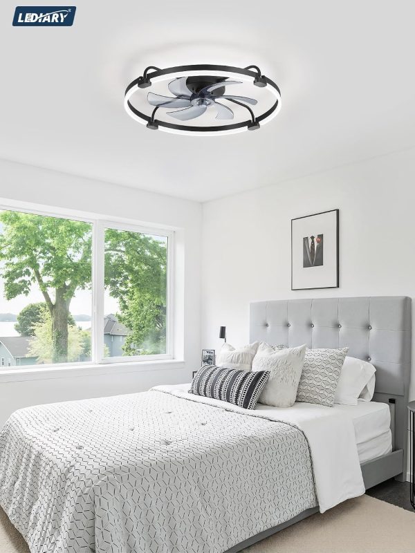 windphoto 26" Low Profile Ceiling Fans with Lights, Remote/APP Control, Black | Wider Airflow, Stepless Dimmable LED, Quiet Reversible DC Motor, 6 Speeds, 3CCT, Timer, Bedroom, Living Room, Kitchen