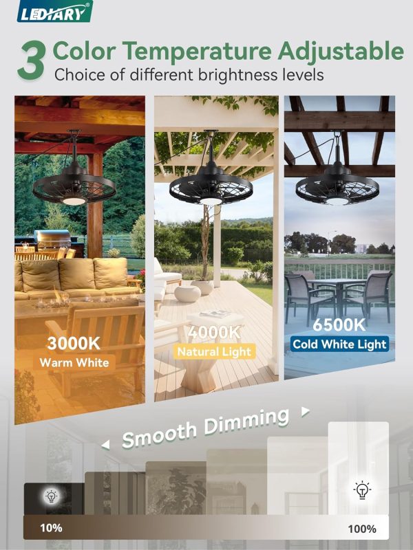windphoto 20" Outdoor IP65 Waterproof Plug in Ceiling Fan with Lights | 6 Speeds,3CCT,Quiet,Timer,Remote Control,Smart App,DC motor,Reversible,Caged Design,ABS Material,Gazebo,Patio,Porch,Pergola