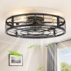 windphoto 26" Black Caged Low Profile Ceiling Fan with Light and Remote | Flush Mount, Bladeless Enclosed Fandelier, 6 Speed, Quiet Powerful DC, Rustic,Farmhouse, Large, Bedroom, Kitchen, Indoor