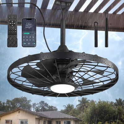windphoto 24" Outdoor IP65 Waterproof Plug in Ceiling Fan with Lights | 6 Speeds,3CCT,Quiet,Timer,Remote Control,Smart App,DC motor,Reversible,Caged Design,ABS Material,Gazebo,Patio,Porch,Pergola