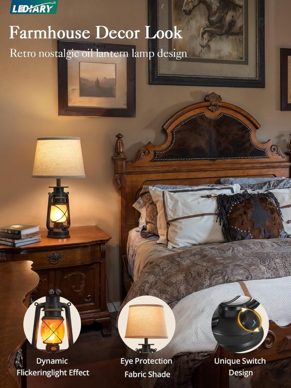 windphoto 18.72" Blow-Controlled LED Lantern Flickering Flame Table Lamps for Bedrooms Set of 2, Small Farmhouse Rustic Black End Table Lamps, Halloween Decorative Lantern Bedside Lamps for Living Room