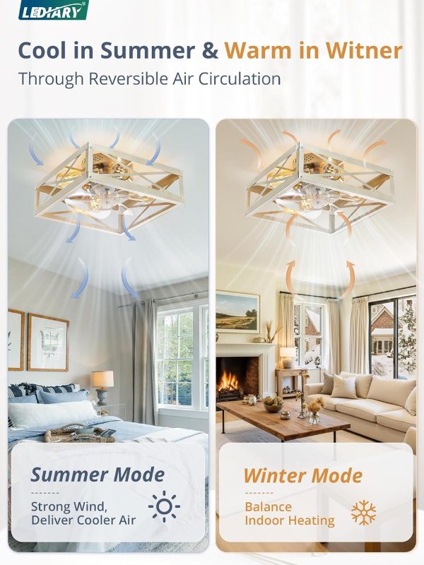 windphoto Caged Flush Mount Square Ceiling Fans with Lights and Remote | 6 Speed and Reversible, Small Modern Bladeless Brushed Nickel Ceiling Fan Low Profile for Bedroom, Kitchen