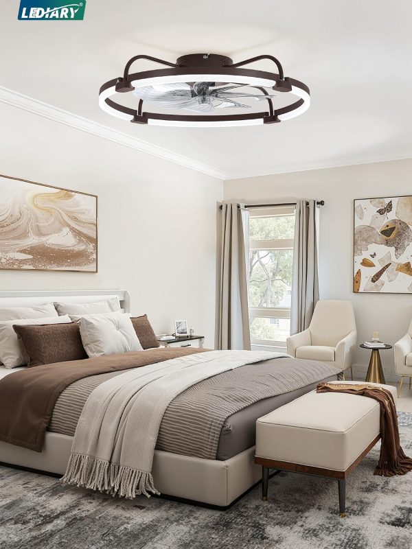windphoto 24" Ceiling Fans with Lights and Remote, Low Profile Led Fan Light | Flush Mount, Stepless Dimmable Fandelier, 6 Speeds, 3 CCT, Quiet Reversible DC Motor, 2H Timer, Bedroom, Living Room, Brown