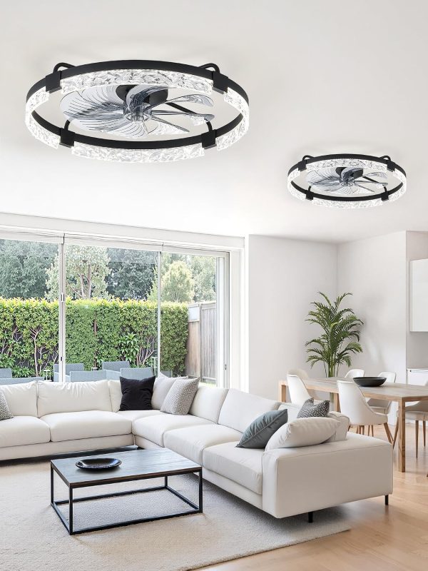 windphoto 2-Pack 24" Ceiling Fans with Lights, APP & Remote, Black | Low Profile, Flush Mount, Fandelier, 3000K-6000K, Dimmable LED, for Bedroom
